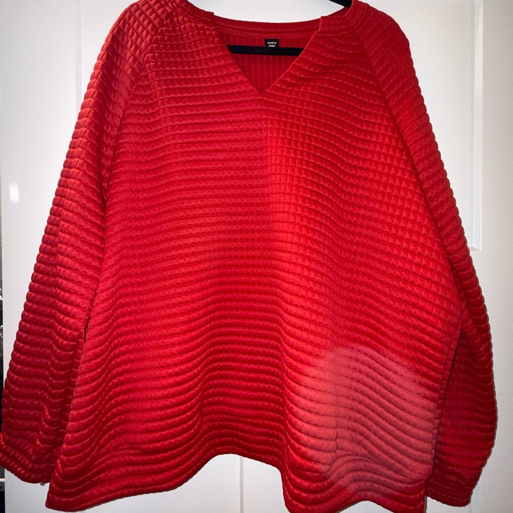 SHEIN Red Quilted V-Neck Sweater